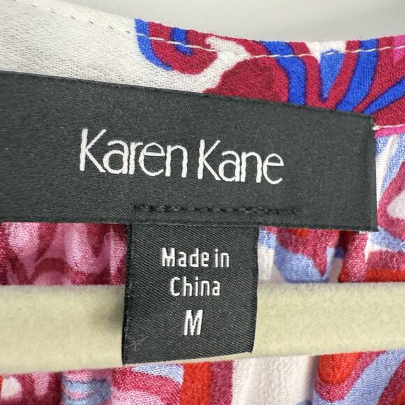 Karen Kane Top Pink Floral Puff Sleeve Button up Crepe Tropical - Picture 9 of 10